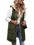 Tuopuda Manteau Femme sans Manche, Veste Longue sans Manche Polaire Chaud Automne Hiver Gilet sans Manche à Capuche Réversible Sherpa Hooded Coat Zippée Waistcoat avec Poches, vert armée, L