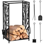 HOMCOM Porte bûches - Range bûches Serviteur de cheminée Arbre - Multi Accessoires étagère 46L x 29l x 70H cm Acier Noir