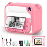 Ukuu Appareil Photo Instantané 2,4" 1080P pour Enfant avec 3 Rouleaux de Papier à Imprimer et 5 Couleurs Stylo Pinceau Cadeau pour Enfant Noir et Blanc avec Carte Mémoire 32 Go – Rose