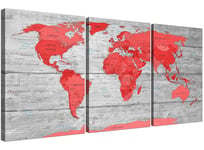 Large Red Grey Map of the World Atlas Canvas Wall Art Print Multi 3 Part - 3300