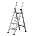 AHW-Tools Step + Store 7990040000 Folding Ladder, 4 Steps, Lightweight Aluminium, Non-Slip Grooves, up to 150 kg, Extra Slim