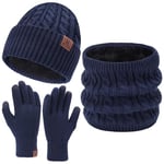 Homme Hiver Bonnets Gants Tactiles Echarpe Ensemble Cable Knit Slouchy Chapeau avec Doublure en Polaire, Bleu