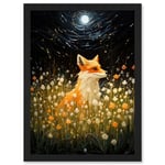 Artery8 Watching the Fireflies Dance Happy Fox over a Wildflower Meadow Oil Painting Orange White Blue Full Moon Spring Night Dreamy Landscape Artwork Framed Wall Art Print A4