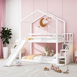 Treetalk - Lit cabane pour enfant, lit superposé avec toboggan et échelle de rangement, cadre de lit superposé en bois massif avec sommier à lattes