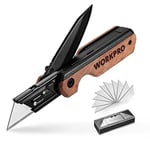 WORKPRO Couteau Utilitaire Pliant et Cutter de Poche en Aluminium 2 En 1, avec Manche en Bois Classique et 10 Lames en SK5 Supplémentaires