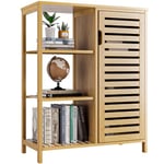 HITNET Armoire de Sol de Salle de Bain, Organisateur de Rangement en Bambou avec 1 Porte et 3 étagères latérales Ouvertes, Armoire de Cuisine Utilitaire autoportante, Naturel