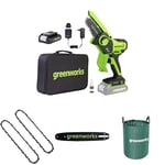 Greenworks 24V 10cm Mini Tronçonneuse Livré avec batterie 2ah et chargeur + Greenworks 10cm chaîne Pack de 2 chaînes + Greenworks 10cm Barre de chaîne + Sac à déchets de jardin Greenworks 120 L