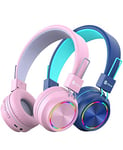 iClever 2 Pack Bluetooth Kids Headphones, Colorful Lights LED Kids Wireless Headphones with MIC, Volume Control, Foldable, Children Headsets for School/Travel