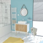Aurlane - meuble salle de bain scandinave blanc et bois 80 cm sur pieds, vasque a poser et miroir rond