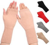 QICEDER Gants Sans Doigts Chauffe-poignets en Cachemire Gants Thermiques avec Trou pour le Pouce,Demi Doigt Femme Gants Chauffants Extensible Gants Tricotés Gants Chauds d'Hiver pour Femmes (rose)