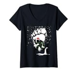 Womens Bigfoot Christmas Loch Ness Santa Hat Lights Snowflakes Xmas V-Neck T-Shirt