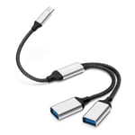 Adaptateur de câble répartiteur USB C mâle vers 2 USB femelle, double port USB-A pour le transfert de données/chargement, extension supplémentaire pour voiture/ordinateur portable/Mac/PC (argent)