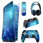 playvital Kit de Autocollants Skin Decal pour ps5 Sticker Vinyle pour ps5 Console&Manette&Station de Charge&Casque&Télécommande Média-Édition Numérique-Nébuleuse Bleue