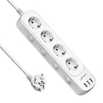 JSVER Bloc Multiprise avec 4 Prises Interrupteur Individuel Multiprise avec 3 Ports USB Chargeur Prise Multi Multiprise Electrique(3680W) pour la Maison Le Bureau ou la Cuisine,2M-Blanco