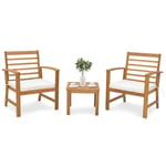 Costway 3pcs Salon De Jardin En Bois D'acacia - 2 Personnes, Conception À Lattes, Coussins, Ensemble De Table Et 2 Chaises - Blanc