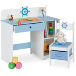 Relaxdays - Bureau et chaise pour enfants, tiroir et 2 compartiments ouverts, motif maritime, bleu - blanc