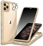 CENHUFO Anti Espion Coque iPhone 11 Pro Max, avec Protection écran Verre Trempé Anti Espion et Protecteur Caméra, 360° Antichoc Téléphone Housse Double Case Intégrale Etui Transparente - Beige/Or