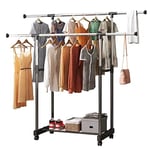 Vivo Technologies Double-rail Adjustable Tidy Rack Mobile Garment Rack Clothes Clothing Rail Stand on Castor Wheels with Hanging Rail and Storage Shelf