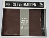 STEVE MADDEN MENS BROWN  LEATHER BIFOLD  PASSCASE WALLET IN GIFT BOX RFID