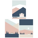 Pack of 3 Pastel Colour Scottish Mountain Countryside House and Castle Geometric Landscape Unframed Wall Art Living Room Prints Set