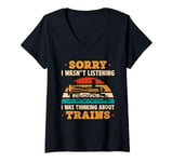 Womens Model Railroad Conductor Wagon Train Thinking About Trains V-Neck T-Shirt