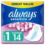 Always Sensitive Ultra Normal Sanitary Pads Towels with Wings, Size 1 - 14 Pack