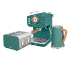 Swan Nordic Kitchen Set, 1.7L Fast Boil Kettle & 4 Slice Toaster & Espresso Coffee Machine, Matte Green, SK14610GREN, ST14620GREN, SK22110GREN