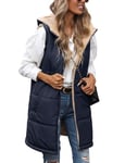 Tuopuda Manteau Femme sans Manche, Veste Longue sans Manche Polaire Chaud Automne Hiver Gilet sans Manche à Capuche Réversible Sherpa Hooded Coat Zippée Waistcoat avec Poches, Marine, L