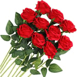 10 stjälkar konstgjorda rosor av siden, enstaka stjälkar, utvikta rosor för brudbuketter, bröllop (röd) red