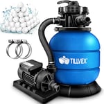 tillvex® Système de Filtre à Sable 7.900L/h + 400g Boules de Filtre | 7 Fonctions de Filtration & Adaptateur 2en1 Ø32-38mm | Filtre de piscine avec indicateur de pression (Bleu)