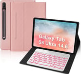 Clavier Pour Tablette Samsung Galaxy Tab S8 Ultra - Tablette Clavier R?tro?clair? D?tachable Azerty Layout Bluetooth Pour Samsung Galaxy Tab S8 Ultra 14,6 Pouces 2022, Tab X900/X906?Or Rose