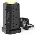 Tower Extension Lead with USB Slots 2M and 20W USB C Fast Charger, (13A 3250W) 4 USB Ports and 12 Way Extension Tower, Surge Protected Extension Lead with Night Light, Extension Cable for Home Office