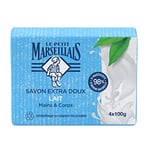 Le Petit Marseillais | Savon Extra Doux Lait (4 pains de 100 g) – Savon solide mains & corps avec 98 % d'ingrédients d'origine naturelle – Emballage en papier recyclable