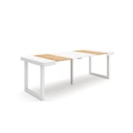 Table console extensible, 220, pour 10 personnes, 222x90x77cm, Pieds bois massif, couleur Chêne et blanc