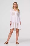 Izabel London Womens White Embroidered V-Neck Tiered Smock Dress - Size 14 UK