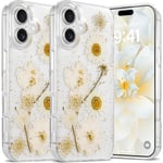 (Daisy) Blommigt Skal för iPhone 16 Transparent Skal med Riktiga Torkade Blommönster, Glittrande Söta Blommor Design för Kvinnor Flickor