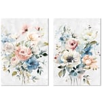 DRW Lot de 2 tableaux sur toile avec cadre en bois avec fleurs avec une partie à la main en blanc, rose et bleu 70 x 3 x 100 cm