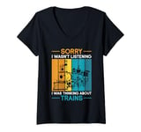 Womens Model Railroad Conductor Wagon Train Thinking About Trains V-Neck T-Shirt