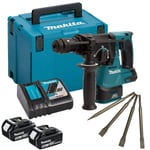 Makita DHR202RTJ 18V SDS+ Hammer Drill 2 x 5Ah Battery Charger & 4 Piece Chisel