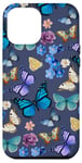 iPhone 13 Pro Max Butterfly Garden and Floral Pattern on Dark Blue Case