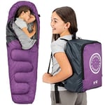 Trail Kids Sleeping Bag Mummy Shape 3 Season Camping 300gsm Boys Girls with Lightweight Rucksack Bag (Purple)