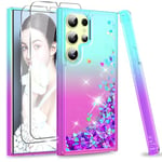 LeYi Coque pour Samsung Galaxy S24 Ultra 5G avec Verre Trempé [Lot de 2], Fille Liquide Paillette Transparente Silicone Gel TPU Antichoc Kawaii Etui Housse pour Galaxy S24 Ultra Turquoise Violet