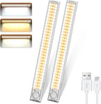 Reglette 120 Led Cuisine Rechargeable Usb, 30Cm Lampe De Placard Led Detecteur Mouvement, Eclairage Bande Armoire Sous Meuble Sans Fil, Lumiere 3 Couleurs 4 Modes 2 Pièces