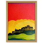 Wee Blue Coo Modern Edinburgh Castle Vibrant Rainbow Colour Sunset Scottish Cityscape Coral Yellow Green Blue Artwork Framed A3 Wall Art Print