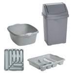 8L Swing Bin, Large Dish Drainer ,Cutlery Tray & 39cm Washing Bowl Silver Set UK