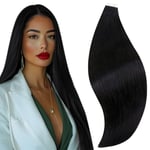 RUNATURE Extension Adhesive Cheveux Naturel Bande Adhesive Extension Cheveux Noir de Jais Invisible Extension Cheveux Naturel Adhesif 14 Pouces/35cm 20 Pièces/40g #1