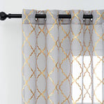 Kotile Grey and Gold Curtains 90 Drop - Metallic Gold Geometric Moroccan Tile Grey Voile Curtains for Living Room, Eyelet Top Navy Gold Curtains, 46 x 90 Inch Drop, 2 Panels, Grey Gold