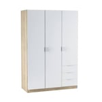 Armoire Daband, Armoire de Chambre avec 3 Portes et 3 Tiroirs, Armoire avec Barre de Suspension, 121x52h180 cm, Blanc et Chêne