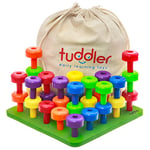 Tuddler Pegs Educational Board: Ensemble de Chevilles empilables de Couleur vive/Jouet éducatif Montessori pour Enfants + Carte modèle + Sac à Dos pour Transport et Rangement faciles + ebook