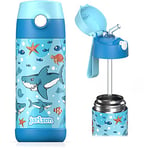 Jarlson - Gourde Enfant INOX - bouteille isotherme enfant 350 ml - Gourdes sans BPA - avec de la paille - pour l'école, les sports et la maternelle (Requin, 350 ml)